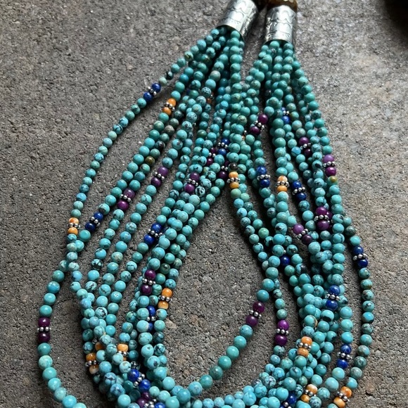 Sterling Silver Multi Strand Multi Stone Turquoise Bead Necklace. 30 inch - Picture 7 of 12